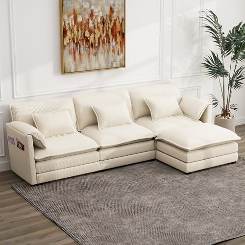 Winlice L-förmige Cloud Couch, Modulares Ecksofa 283 cm mit Ottoman & 3 Kissen + 2 Armlehnkissen, Corduroy Tiefsitzgarnitur für Wohnzimmer und Wohnung, Cremeweiß