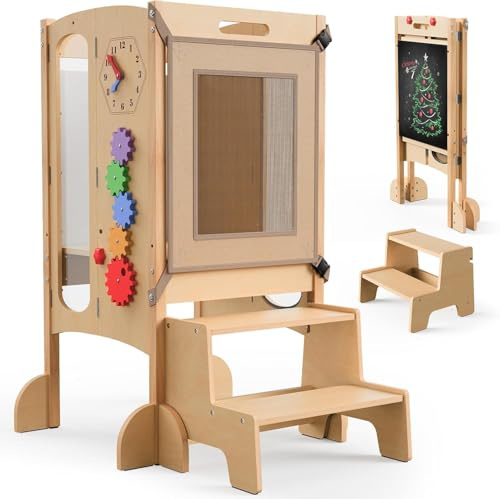 SOFTHOM Klappbar Lernturm, 2 Fach Höhenverstellbar-Montessori Lernturm ab 1 Jahr aus Birke, Vormontiert/Platzsparend, Tafel, Sicherheitsnetz, Kippschutz, Küchenhelfer für Kinder, Tritthocker aus Holz