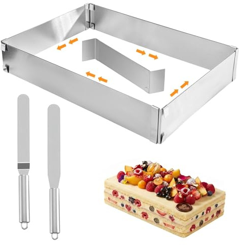 Rektangulär justerbar bakram, tårtring, kantad kakram i rostfritt stål för bakning av tårtor, kakor, pizza - med divider och spatel för bakplåt.