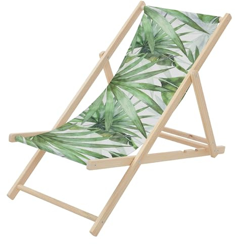 ECD Germany Liegestuhl klappbar, Palme Grün-Weiß, Strandliege aus Holz, Sonnenliege mit 3-Fach Verstellbarer Rückenlehne, Strandstuhl bis 120 kg, Gartenliege, Relaxliege für Garten, Balkon & Terrasse
