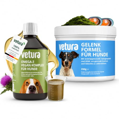 Vetura Senior Set Hund - Gelenkpulver 200g, Omega-3 Öl 500ml Gelenke & Fell | Mit Grünlippmuschel, Kollagen, Glucosamin, Chondroitin & MSM, Omega-3 vegan mit DHA & ALA aus Lein-, Algen- & Nachtkerzenöl