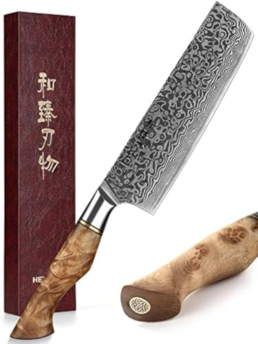 HEZHEN 7 inch Nakiri Knife Japanese High Carbon Steel-Super Durable Cooking Knife-67 Layers of Damascus Steel Sharp Blade -Ergonomic Design for Figured Sycamore Wood Handle