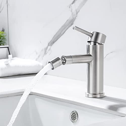 ONECE Rubinetto Bagno Lavabo, Miscelatore Monocomando con Girevole Bocca Spruzzatore, Rubinetti per Lavabo e Bidet, Aeratore Rimovibile, Acciaio Inox 304 Spazzolato, Acqua Calda e Fredda