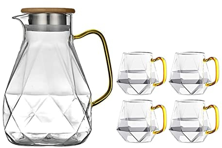 caihuashopping Fruchtsaft Krug Wasser Pigther Hitzebeständige Glaskaraffe mit Deckel mit 4 Tassen Wasserkanne in moderner Diamantdesigndekoration for das Wohnzimmer Wasserkrug