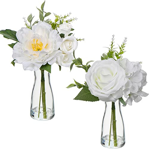 Hollyone 2pcs Artificial Flowers with Glass Vase, Realistic Roses Peonies Hydrangeas Mixed, White Fake Flowers in Vase with Faux Water for Wedding Centerpiece Home Decor Office Party Desk Decorations