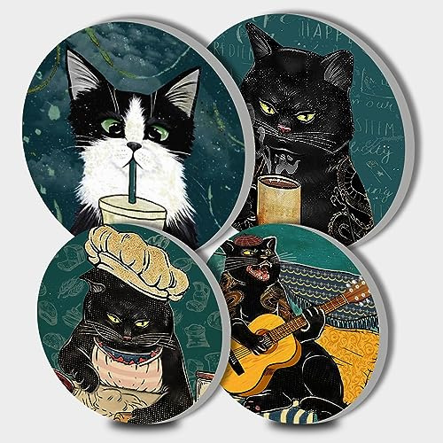 Walarky Cat Drink Coffee, Kochen und Gitarre Spielende Metal-Runde Herddeckel 4-Stück Tischplatte für Kochplatten Top-Brenner-Gas-Ofen-Protector Küche Deko-Werkzeuge