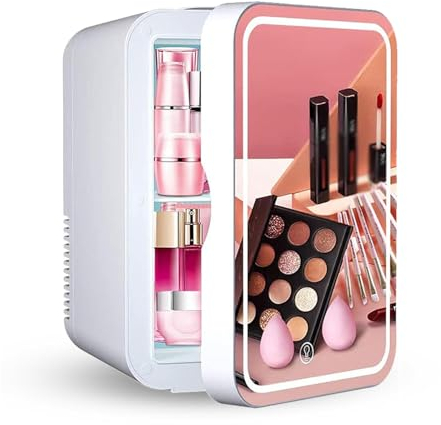 HAZARA RéFrigéRateur De Beauté avec Miroir, 8L,avec Miroir De Courtoisie LED Mini Frigo Camping, Voiture,Maison,Chaud Et Froid 2 en 1 Petit Frigo Pas Cher, pour Chambre, Bureau Et Voiture,White