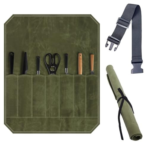 7-Slot Army Green Chef Knife Roll - Portable Protective Storage Bag for Kitchen Tools, Hiking and Camping