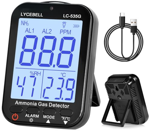 LYCEBELL 535 G Ammoniak-gasdetektor, NH3-skärm 0–100 ppm med dubbellarm, uppladdningsbar bärbar gaslackdetektor för gårdar/industri/hus, temperatur- och fuktvisning