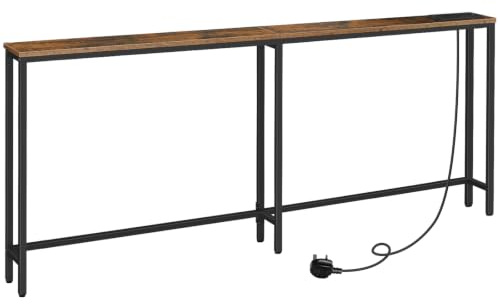 HOOBRO Narrow Console Table with Charging Station, 200 cm Behind Sofa Table, Long Hallway Table, Slim Console Table for Hallway, Bedroom, Living Room, Rustic Brown and Black EBF205KXG01