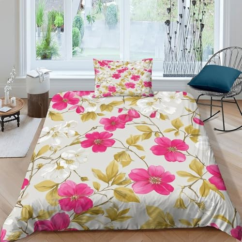 kaiyun Bright Pink Azalea 3D Printed Duvet Cover Microfibre for Kids Teens Adults Soft Quilt Covers Easy Care Bedding Sets with Pillowcase Single（135x200cm）