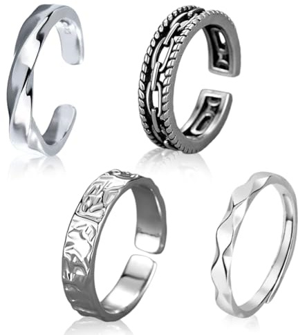 VEOIRXU 4 Stück Herren Ring Vintage Ringe Verstellbare Geschnitzte Ringe für Männer Hip Pop Offene Gothic Punk Klassischer Daumenring Fidget schmuck für Herren Damen (Silber)