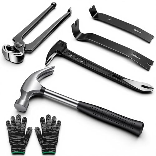 Leriton 6 Pcs Pry Bar Set, 10 Paw Nail Puller, 7 and 9 Flat Claw Pry Bars, 8 Inch End Cutting Pliers, 8 oz Claw Hammer with Gloves, Utility Bar Set for Baseboard, Floor, Nails Removal