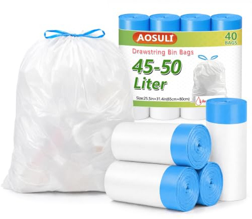 AOSULI 45-50L Bin Bags with Drawstring, 40 Pack White Pedal Bin Liners | Heavy Duty, Leak-Resistant Tall Kitchen Liners, Unscented, Ideal for Kitchen and Household Use