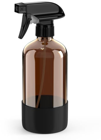 Bontip Amber Glass Spray Bottle with Silicone Sleeve Protection, 16 oz Refillable Spray Bottles for Cleaning Solutions, Plants, Aromatherapy, Facial Hydration (1, Black, 16 oz)