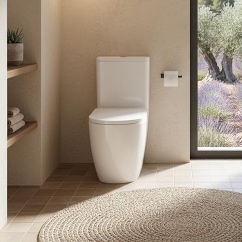 SOULHOME Pack Inodoro Completo Rimless Curvo Blanco Mate | Tapa Amortiguada | Salida Horizontal/Vertical | Doble Descarga Eco | Pulsador Cromo