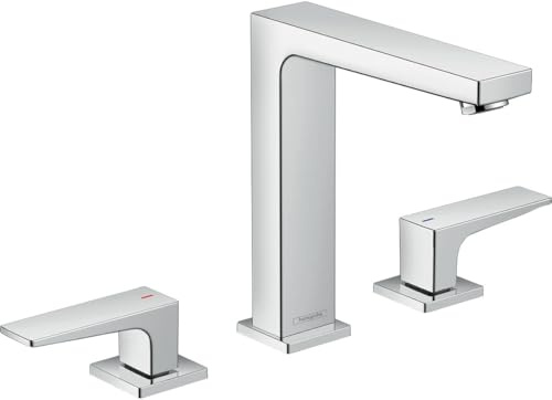 hansgrohe 3-Loch Waschtischarmatur Metropol, Wasserhahn Bad mit Auslauf Höhe 160 mm, mit Push-Open Ablaufgarnitur, Badarmatur wassersparend, Chrom