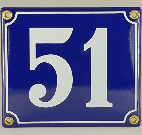 Emaille Schild Hausnummer 51 Blau-Weiß Handarbeit