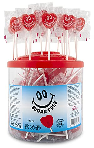 Caramelos Cerdán - Piruletas Mini Corazón sin Azúcar Sabor Cereza | Tarro de 125 Unidades | Caramelo Duro con Palo sin Gluten ni Alérgenos | Ideal para San Valentín y Cumpleaños