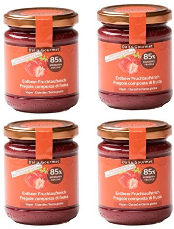 Dalia - Composta di frutta 85% | Senza aggiunta di zuccheri con ERITRITOLO - STEVIA | Prodotto artigianale italiano | 4 pezzi da 220 g | Fragole