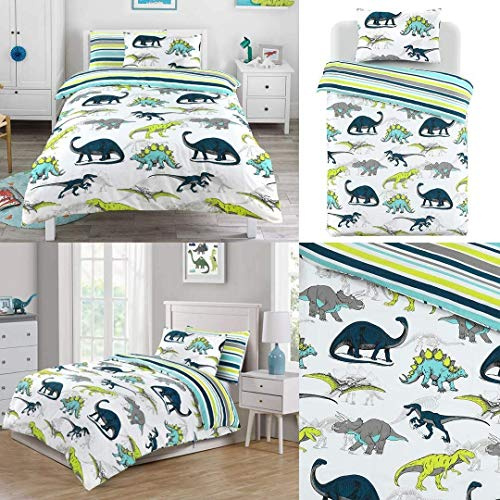 Night Comfort Polycotton Blend Kid's Super King Duvet Cover with Pillowcases - Dinosaur Printed Hotel Quality High Quilted Reversible Ultra Soft Bedding Set for Bedroom