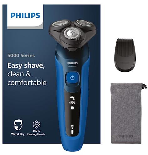 Philips S5466/18 - Rasoio Elettrico Serie 5000, Pelle Bagnata e Asciutta, Lame Auto-Affilanti ComfortTech, Testine per Contorno Viso a 360°, Display LED, Rifinitore ad Aggancio