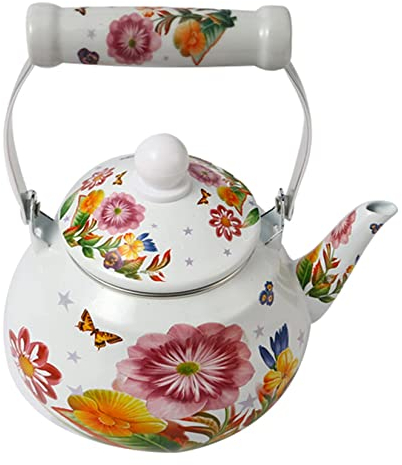 SGSG Bouilloire en émail Floral Théière en émail Cafetière Turque rétro Bouilloire à Eau Chaude avec poignée Anti-brûlure pour cuisinière à gaz et cuisinière à Induction (2,5 L)