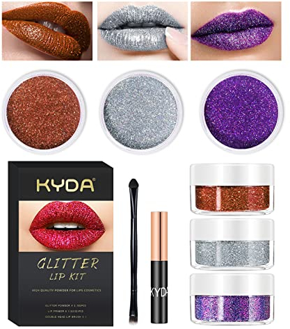 KYDA 3 Farben Glitter Lip Kit, Diamond Metallic Lippenstift Puder für Lippenkosmetik, Glitter Lips Makeup mit Lip Primer, langanhaltend Wasserdicht, Grausamkeitsfrei -Set C