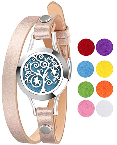 Cupimatch Bracelet Diffuseur d'huiles Essentielles Arbre de Vie Aimant Rond Ouvert en Acier Inoxydable avec 8 Pièces Recharge Coussins Lavable,Bon Cadeau de Fête des Mères Noël Saint-Valentin