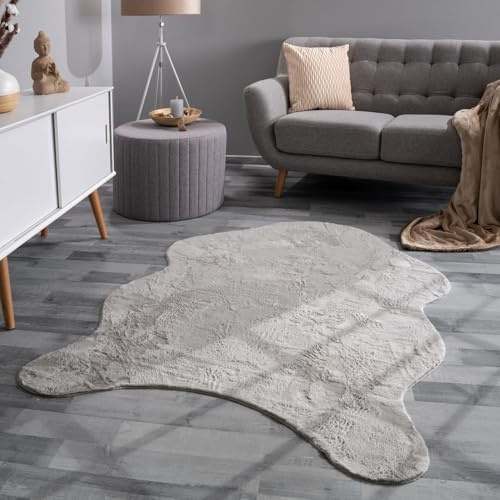 TT Home Wohnzimmer Teppich Unifarben Flauschig Modern Kunstfell Kurzflor, Farbe: Grau, Größe:60x90 cm Fell-Form