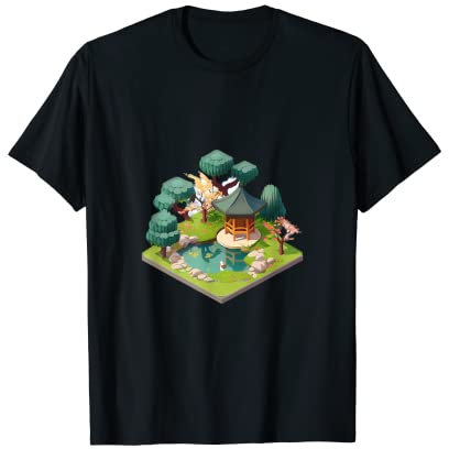 Japanischer Garten-Bonsai-Baum, Teich, isometrisch, 32 Bit T-Shirt