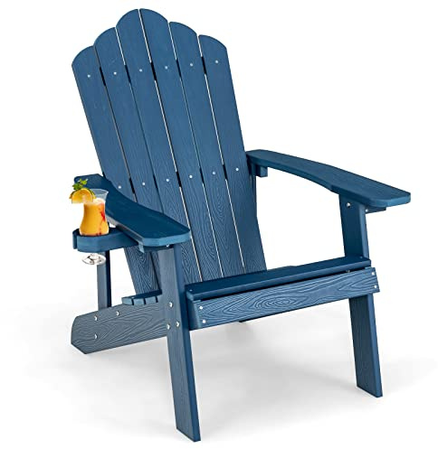 GOPLUS Adirondack Gartenstuhl mit Getränkehalter, Gartensessel mit Komfortabler Rücklehne & Breiten Armlehnen, Wetterfester Gartenstuhl für Garten Terrasse Feuerstelle Balkon (Dunkelblau)