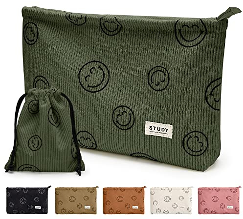 WLLWOO Makeup Bag-2pcs Smile Face Corduroy Cosmetic Bag Zipper Interior Waterproof Pencil Case Coin Purse Travel Toiletry Small Makeup Pouch For Women