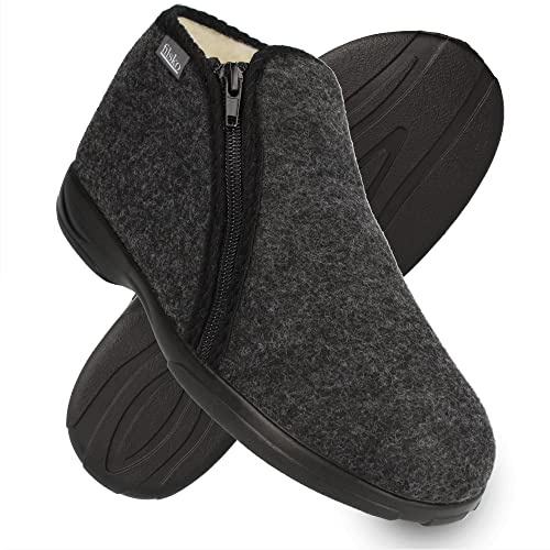 filsko® Kramfors - Winter Hausschuhe - weiche Fütterung aus Schafwolle - rutschfeste Sohle - mit Reißverschluss - nie wieder kalte Füße - biegsame Schuhvorderkappe - grau - 43 EU