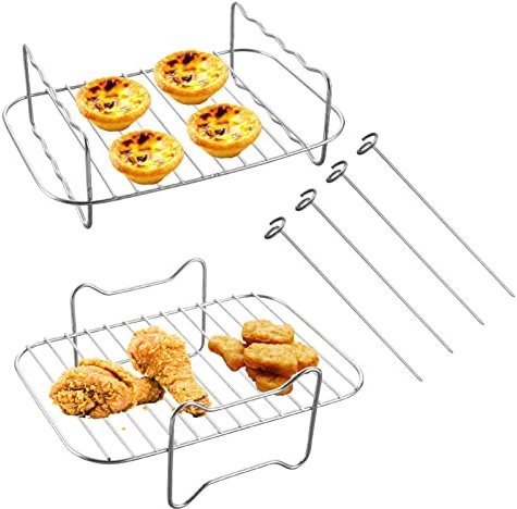 Airfryer Griller - Estante de vapor de 2 capas | Juego de accesorios de freidora de aire, molde de mordeduras de huevo, sartén para pizza, barril de pastel, brochetas, estera de silicona para freidora