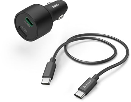 Hama Cargador de Coche de 32 W (1x USB-A, 1 x USB-C, Cable USB A - USB C, Distribuidor de energía, Carga rápida, para Encendedor de Cigarrillos) Negro