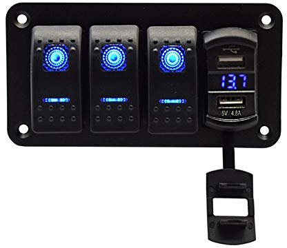 Riloer 3-Gang-Kombinationsschalter-Panel, 12V 24V Marine Boat Car Wasserdichter geschlossener Wippschalter mit LED-Licht und Spannungsanzeige, 5V 4.8A Dual-USB-Ladegerät