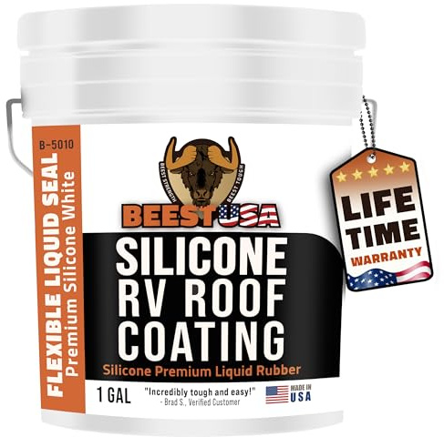 BEEST RV Roof Coating Silicone White, 1 Gal Covers up to 33.5 sq ft (2 Coat)| Liquid Rubber RV Roof Sealant for Trailer, Camper & Metal Building - Elastomeric Repair Coating, EPDM, TPO sealer, sealant
