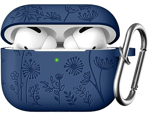 Easuny Floral Gravierte Hülle Kompatibel mit AirPods Pro/Pro 2 Hülle 2022 | Silikon Stoßfeste Schutzhülle Kompatibel für AirPods Pro 2nd/1st Generation Case, mit Karabiner [Front-LED Sichtbar],NavyBlau