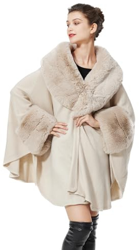 BEAUTELICATE Scialle in Pelliccia Sintetica Finta a Maglia Cappotto Donna Stola con Grande Collo di Pelliccia Cardigan per Festa Invernale Natale (Collo di pelliccia aggiornato - Beige)