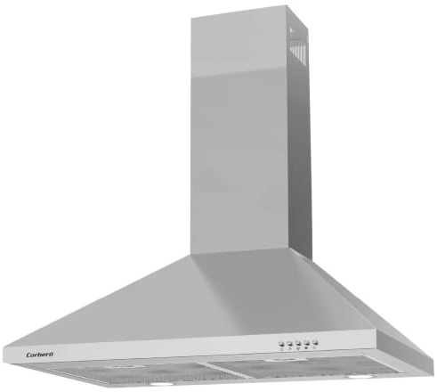 Corberó KURAMATHI960X Dekorativ köksfläkt, pyramid, rostfritt stål, 90 cm, flödeshastighet 621,71 m³/h, 165 W, 3 hastigheter, 2 x aluminiumfilter, kolfilter, energieffektivitet A