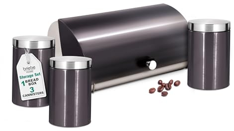 briebe Set Portapane da Tavolo + Set di 3 Barattoli da Cucina in Acciaio Inox, Contenitore per Conservare Pane, Coperchio Scorrevole, Bread Box, Grigio/Inox
