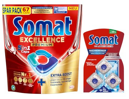 SOMAT 4in1 Caps 2x67 (134) AW Excellence, schnellauflösende Spülmaschinentabs mit Extra Boost, entfernen selbst hartnäckige + Somat Duo Power Experten 3 AW Maschinenreiniger 57g