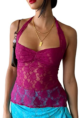Qianderer – Débardeur pour femmes avec bretelles spaghetti, sans manches, col carré, en dentelle, débardeur court, été, style rue années 2000, M