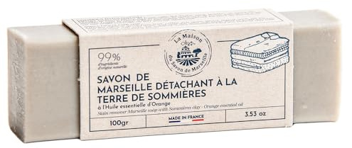 La Maison du Savon de Marseille - Traditional French Soap Stain Remover Stick with Sommières Earth and Orange Essential Oil - Effective on Stubborn Stains - Deep Cleaning to Restore Laundry - 100g
