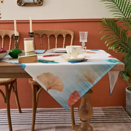 Kiatuniya Tischdecke Modern Blau Grün Petrol Gold Ginkgo Biloba Herbst Tischtuch Wohnzimmer Deko Eckig Mitteldecke Tischdecken Türkis Vintage Tischtuch für Küchentisch Esstisch 85x85cm