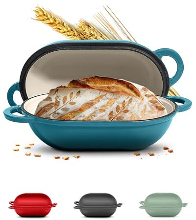 ROSSALLINI Signature Enameled Cast Iron Sourdough Bread Oven | Non-Stick with Tight Fitting Lid for Perfect Baking and Bread Making | 2QT Oval Oven With Lid [Ocean Blue]
