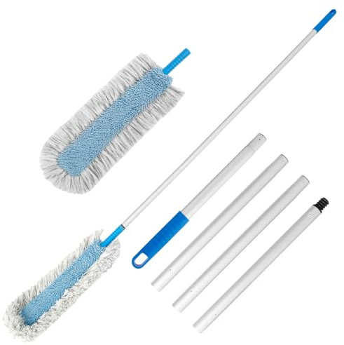 Sutowe Plumero de microfibra con mango de extensión de 175 cm y cabeza flexible, plumero plano desmontable para telarañas, limpiador de polvo para ventilador de techo, persianas, muebles y coches