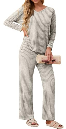 GRECERELLE Womens Pyjamas Set Lounge Wear Pjs for Women UK Ribbed Loungewear Autumn 2 Piece Outfits V-Neck Long Sleeve Blouses And Wide Leg Trousers Sleepwear Homewear