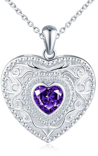 Herz Foto Kette Silber 925 mit Bild: Halskette Damen Kristalle Medaillon zum Öffnen für Bilder-Liebe Anhänger Ketten Mode Amulett Schmuck-Personalisierte Geschenk für Frauen Mama Freundin Mädchen Lila